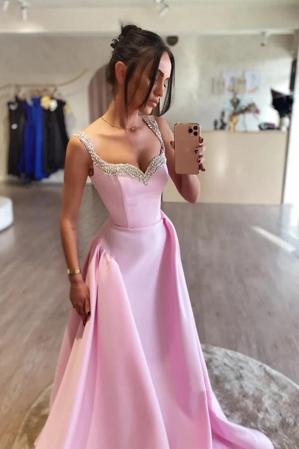 Vestidos de fiesta largos, sencillos, de corte en A, en satén rosa con pedrería