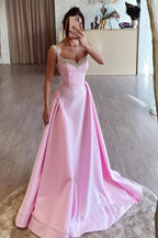 Vestidos de fiesta largos, sencillos, de corte en A, en satén rosa con pedrería