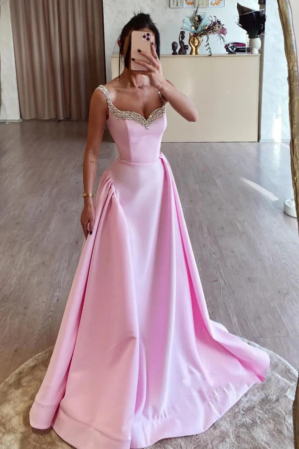 Vestidos de fiesta largos, sencillos, de corte en A, en satén rosa con pedrería