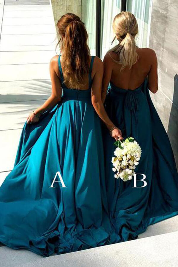 Robe de demoiselle d'honneur longue bleue simple, coupe trapèze, col en V et fente haute 
