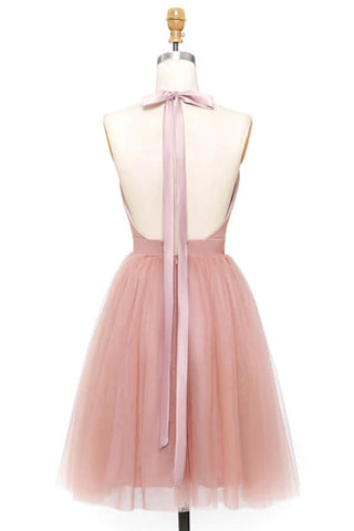 Simple Blush A-line Halter Backless Homecoming Dresses, Short Party Dresses