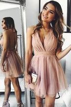 Robes de bal courtes simples couleur blush, coupe trapèze, dos nu et bretelles dos nu, robes de soirée courtes
