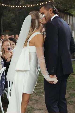 Vestido de novia sencillo, corto, de satén marfil, con lazo en la espalda WD727