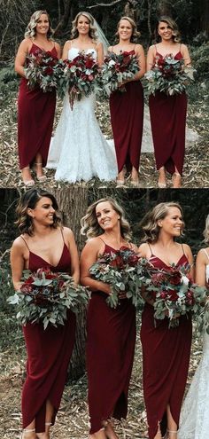 Vestidos de dama de honor sencillos de gasa con escote en V y tirantes finos en color burdeos