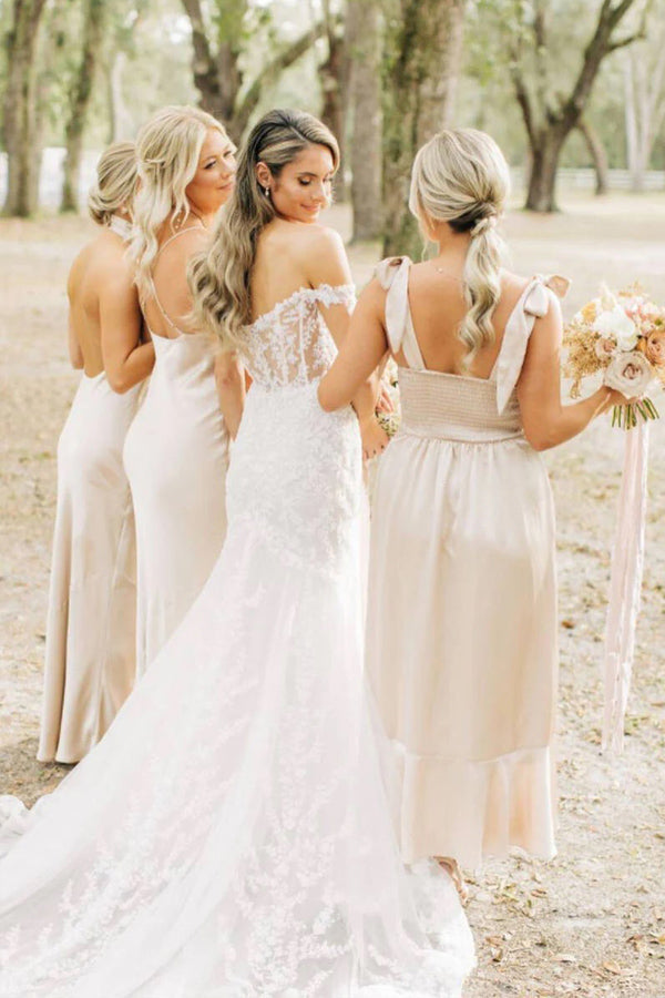 Robe de demoiselle d'honneur longue, simple et élégante, couleur champagne BD131