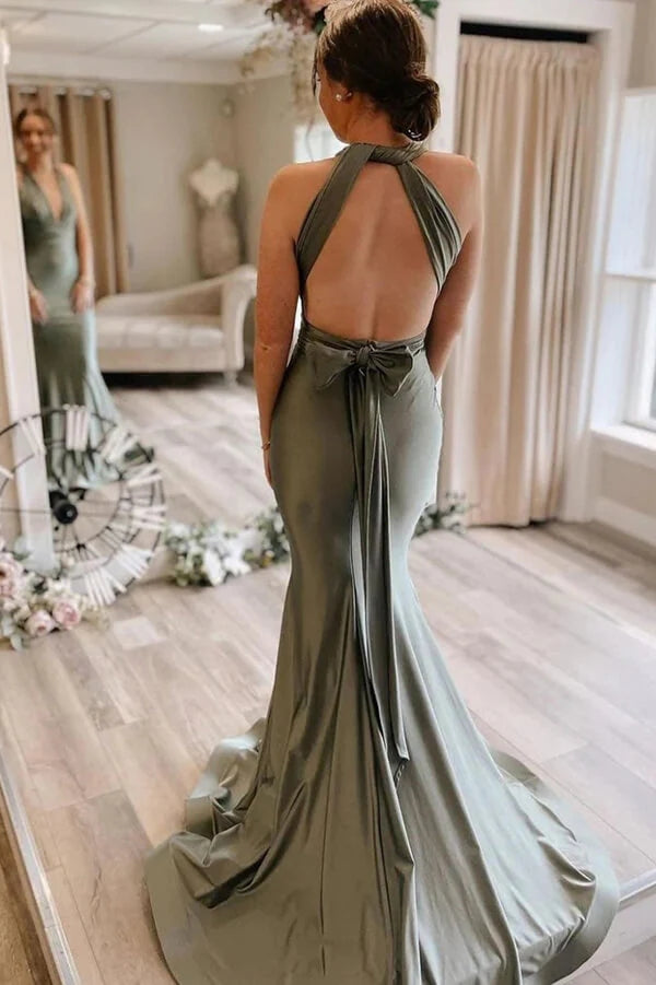 Simple Gray Green Mermaid Satin Long Bridesmaid Dresses With Train