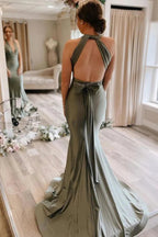 Simple Gray Green Mermaid Satin Long Bridesmaid Dresses With Train