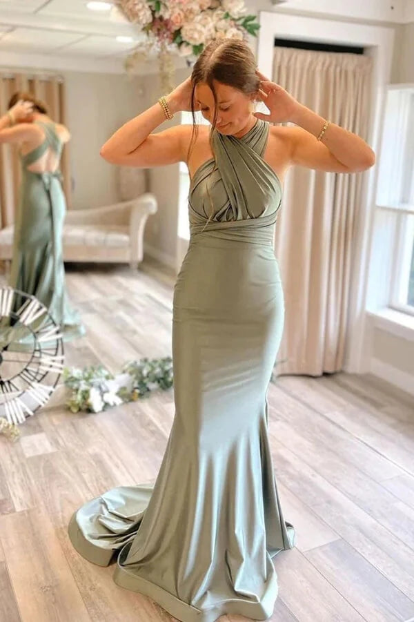 Simple Gray Green Mermaid Satin Long Bridesmaid Dresses With Train