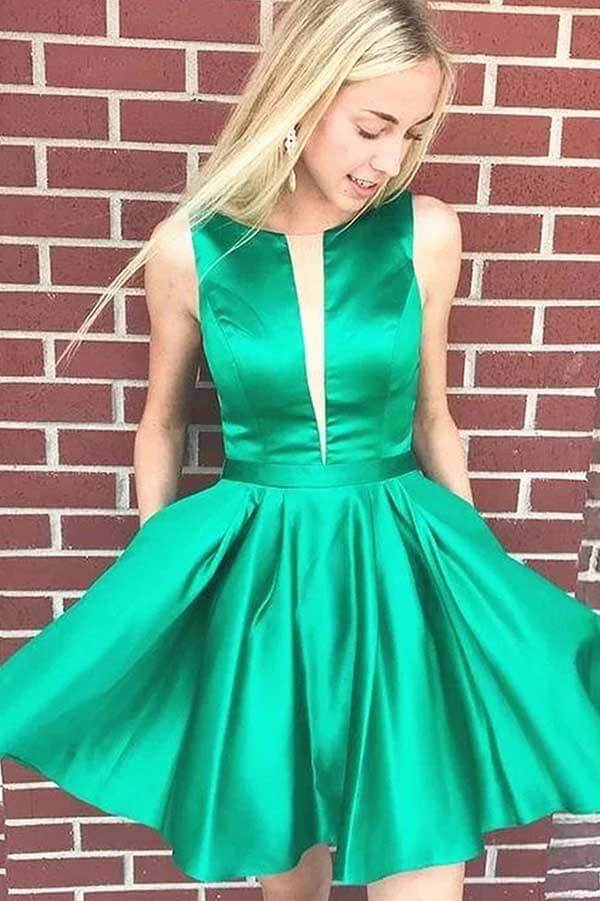 Vestidos sencillos verdes de corte A, económicos, para baile de bienvenida, vestidos para baile de bienvenida juveniles