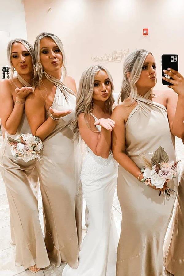 Vestidos sencillos de dama de honor largos hasta el suelo con escote halter, vestidos para fiestas de boda 