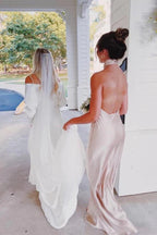 Vestidos sencillos de dama de honor largos hasta el suelo con escote halter, vestidos para fiestas de boda 