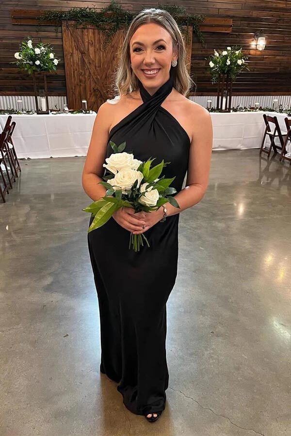 Vestidos sencillos de dama de honor largos hasta el suelo con escote halter, vestidos para fiestas de boda 