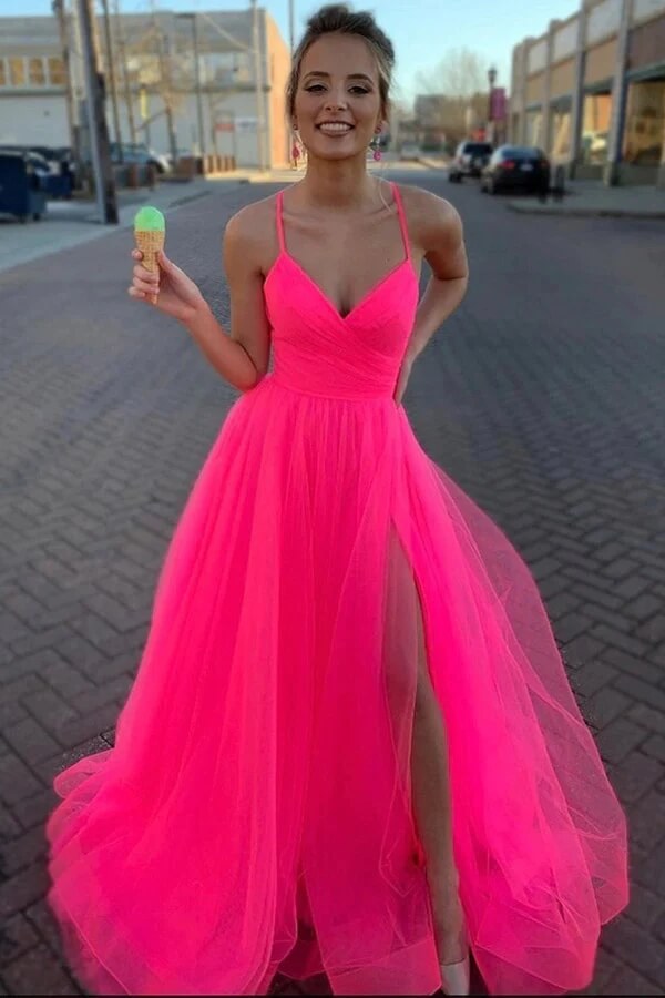 Vestido de fiesta sencillo de tul rosa fucsia con corte en A y abertura, vestido largo formal