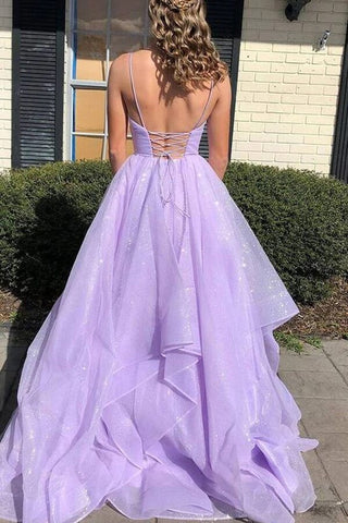 Robe de bal longue lilas simple en tulle, coupe trapèze, col en V et lacets, robe de soirée