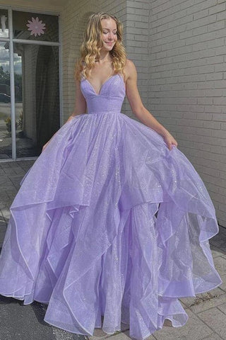 Robe de bal longue lilas simple en tulle, coupe trapèze, col en V et lacets, robe de soirée