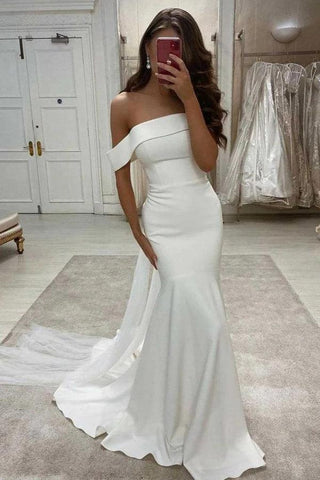 Robe de mariée sirène simple à épaules dénudées en satin ivoire WD605