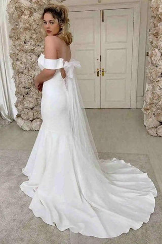 Robe de mariée sirène simple à épaules dénudées en satin ivoire WD605