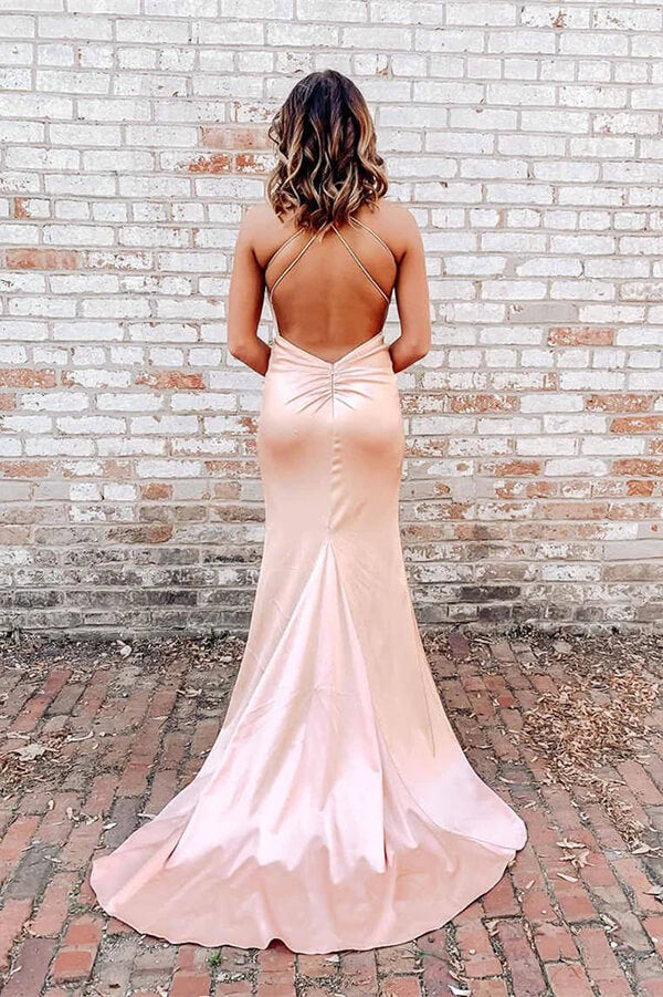 Robe de bal longue sirène rose perle simple à bretelles spaghetti et col en V