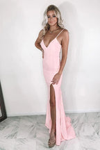 Vestidos de fiesta de satén con escote en V estilo sirena, vestido formal con abertura