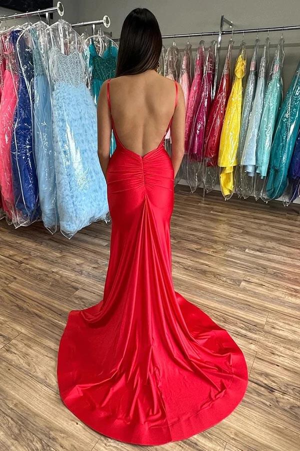 Robes de bal sirène simples en satin avec fente et col en V, robes de soirée