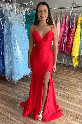 Simple Satin Mermaid V-neck Prom Dresses With Slit, Party Dresses