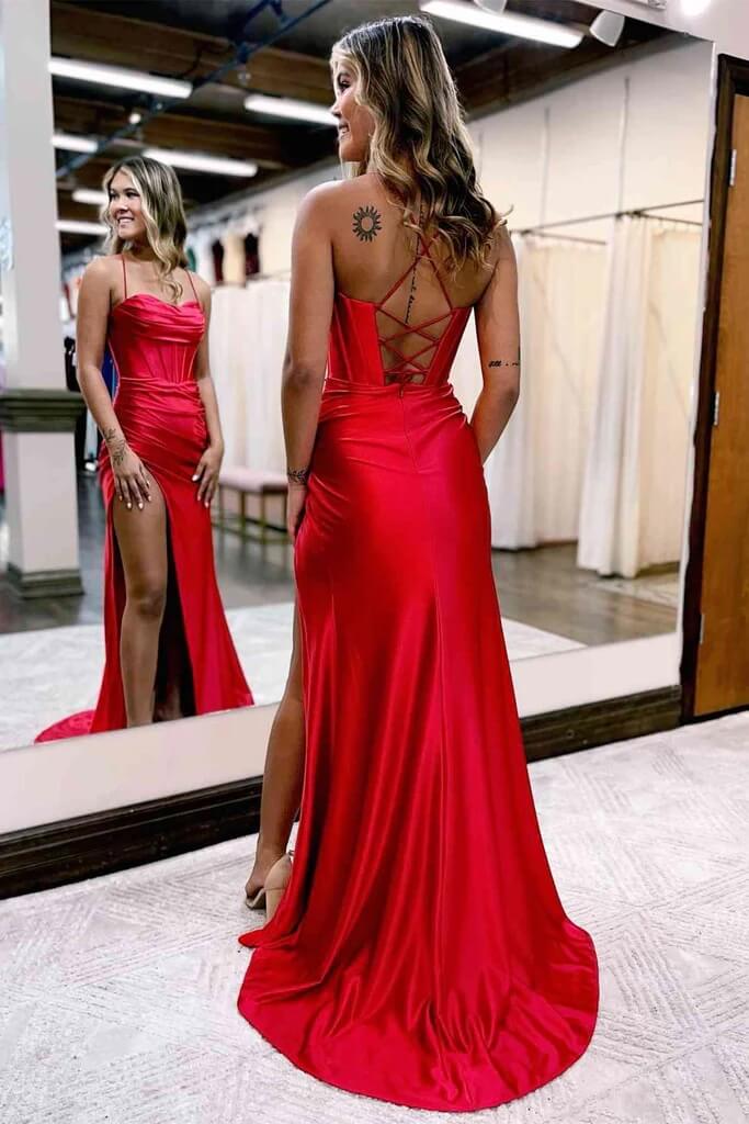 Vestidos de fiesta de satén con tirantes finos y abertura, vestidos de graduación