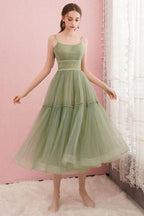 Vestidos sencillos de tul verde salvia con cuello redondo para graduación y fiesta de bienvenida PD434