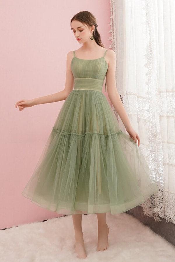 Vestidos sencillos de tul verde salvia con cuello redondo para graduación y fiesta de bienvenida PD434