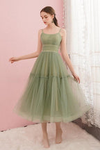 Vestidos sencillos de tul verde salvia con cuello redondo para graduación y fiesta de bienvenida PD434