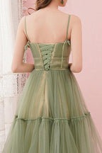 Vestidos sencillos de tul verde salvia con cuello redondo para graduación y fiesta de bienvenida PD434