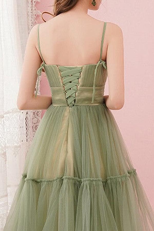 Vestidos sencillos de tul verde salvia con cuello redondo para graduación y fiesta de bienvenida PD434