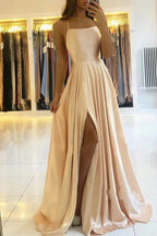 Vestidos de fiesta largos de satén sencillos, corte en A, con abertura lateral, vestidos de noche
