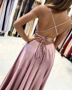 Vestidos de fiesta largos de satén sencillos, corte en A, con abertura lateral, vestidos de noche