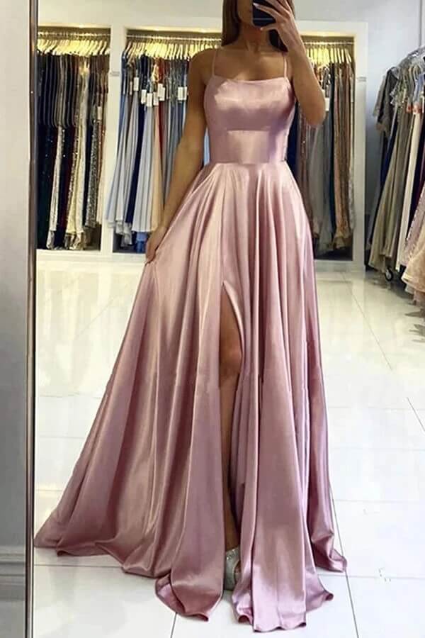 Robes de bal longues simples en satin, coupe trapèze, avec fente latérale, robes de soirée