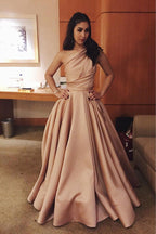 Simple Satin A-line One-Shoulder Long Prom Dresses, Evening Gowns