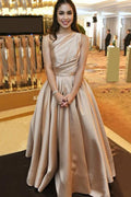 Simple Satin A-line One-Shoulder Long Prom Dresses, Evening Gowns