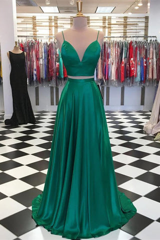 Simple Satin A-line Two Pieces Spaghetti Straps Prom Dresses, Evening Gown