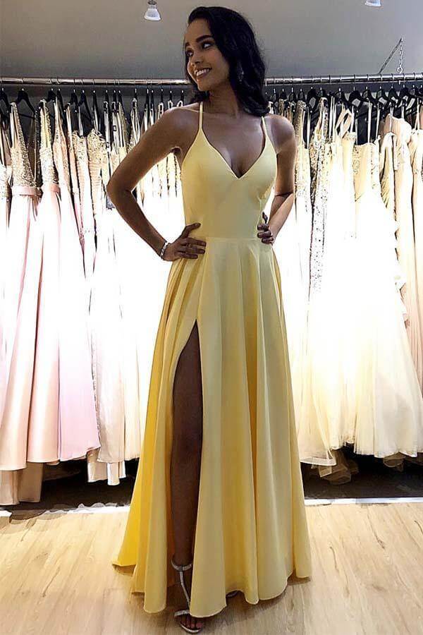 Robes de bal simples en satin, coupe trapèze, col en V, fente latérale
