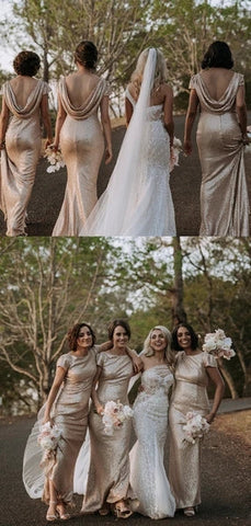 Vestidos de dama de honor con lentejuelas y cuello redondo, sencillos y sexys, para fiesta.