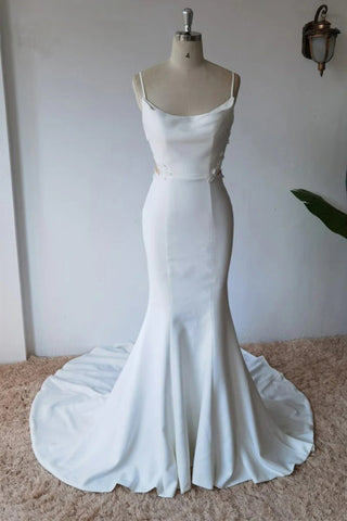 Vestido de novia sencillo de satén corte sirena con tirantes finos WD672