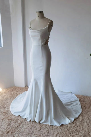 Vestido de novia sencillo de satén corte sirena con tirantes finos WD672