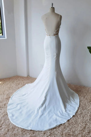Vestido de novia sencillo de satén corte sirena con tirantes finos WD672