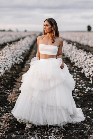 Vestido de novia sencillo de dos piezas, vestido de novia campestre con capas WD715