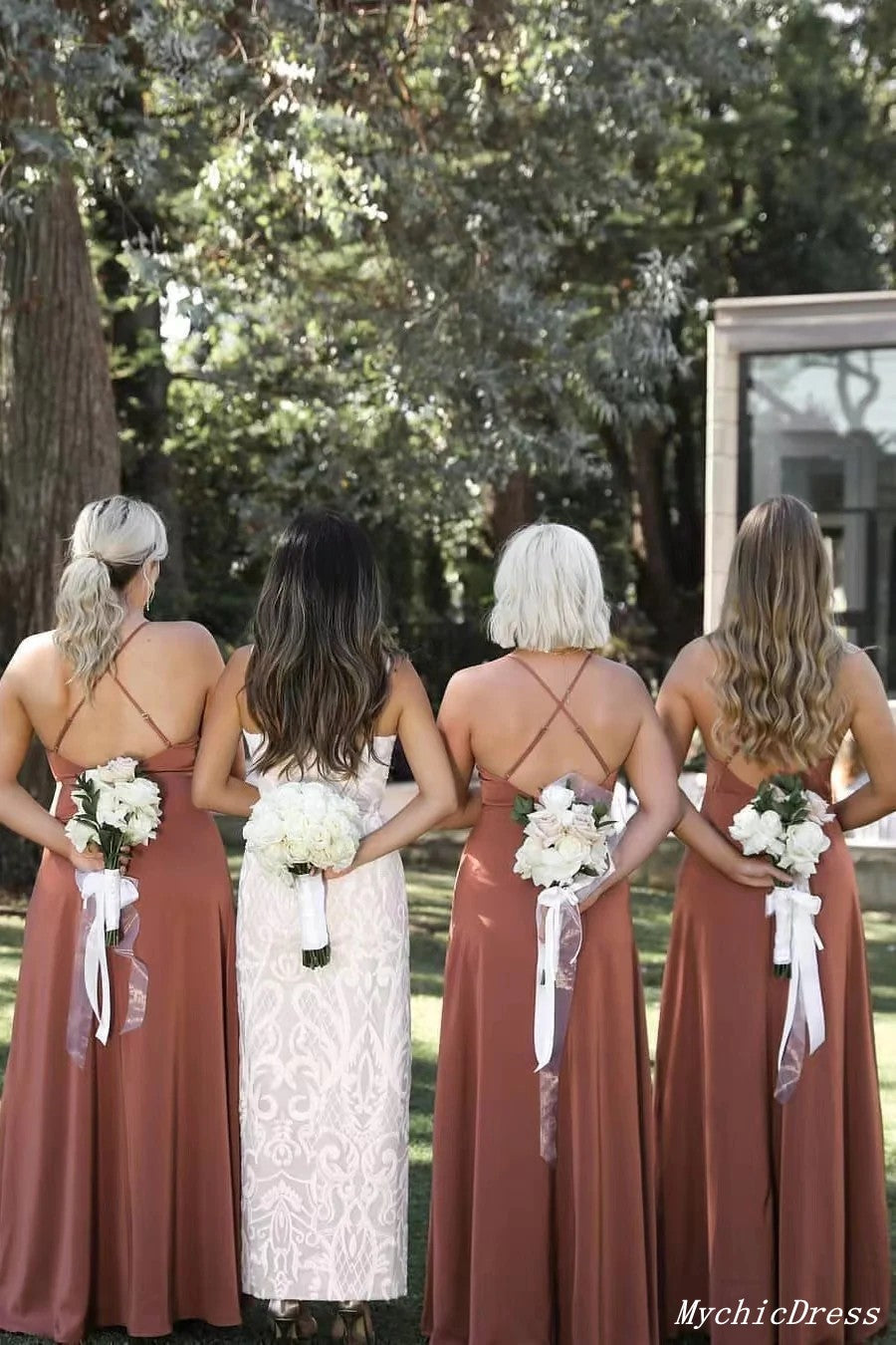 Baoleely Simple Cheap Long Dusty Pink Bridesmaid Dresses Spaghetti Straps Cross Back