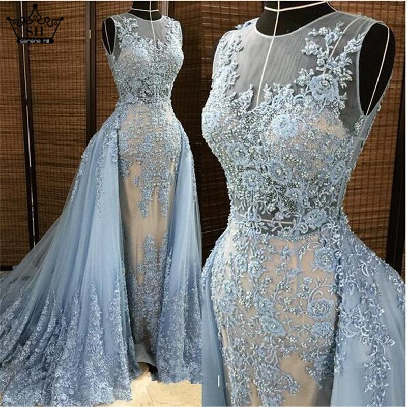 Sirène Robe de Soirée Bleu Appliques Tulls Long-Parole Longueur Sans Manches Formelle Robe de Soirée 2025 Vraie Image