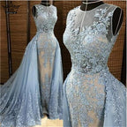 Sirène Robe de Soirée Bleu Appliques Tulls Long-Parole Longueur Sans Manches Formelle Robe de Soirée 2025 Vraie Image