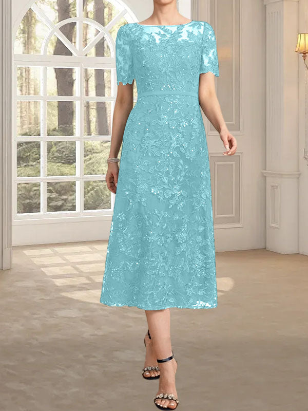 Robe de mère de la mariée en dentelle à sequins, coupe trapèze, décolleté illusion, longueur thé