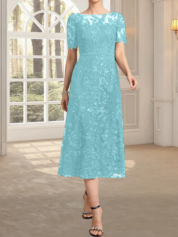 A-line Scoop Illusion Tea-Length Lace Mother of the Bride Dress With Sequins