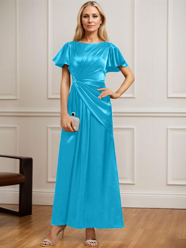Vestido de novia corte A, escote redondo, largo hasta el tobillo, de satén elástico con plisados ​​y cuentas. 