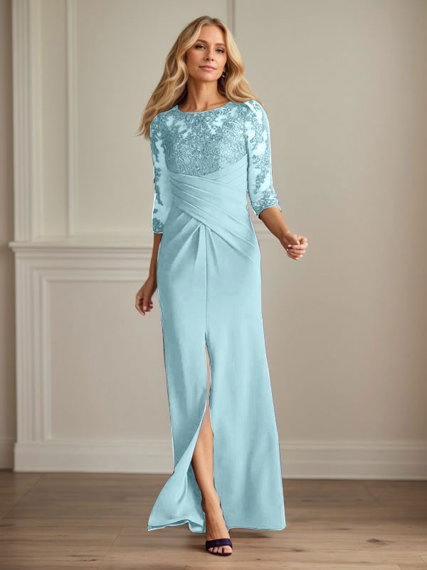 Vestido de madrina de la novia color ciruela, de encaje elástico y corte sirena. 